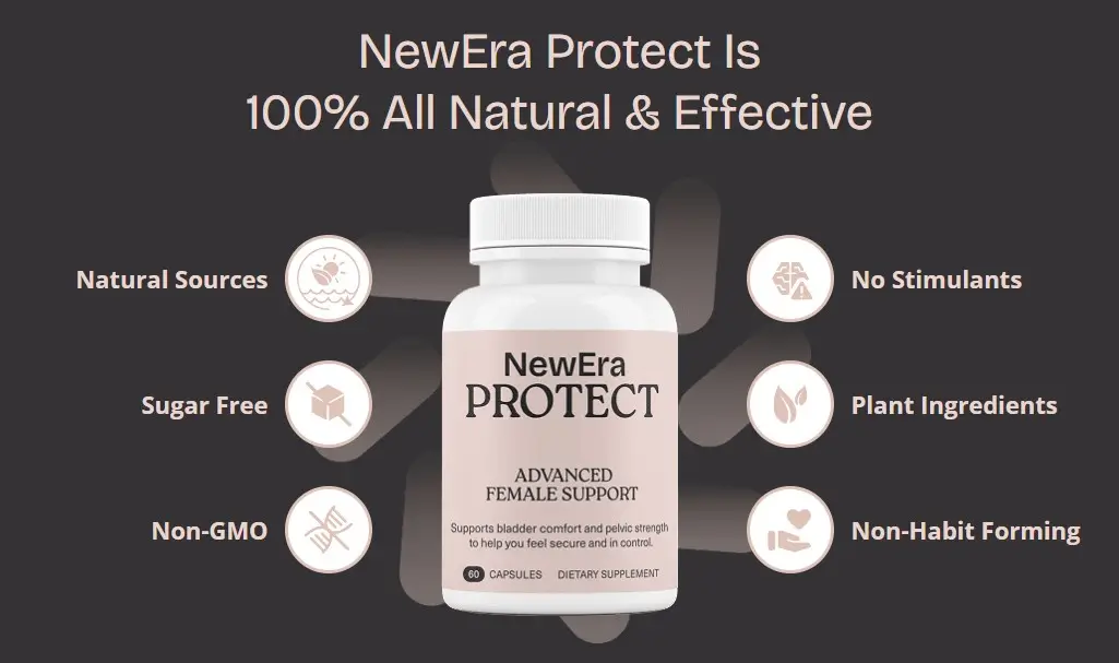 NewEra Protect Advanced Female Support supplement bottle highlighting all-natural, sugar-free, non-GMO, and plant-based ingredients