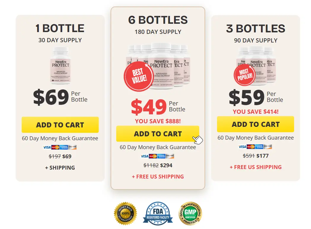 NewEra Protect pricing options showing 1 bottle, 3 bottles, and 6 bottles packages with discounted prices and free US shipping
